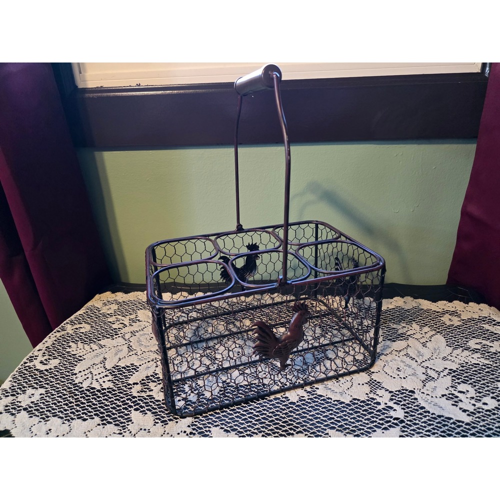 Rustic Farmhouse Wire Basket 6 Compartment Metal Caddy Rooster Decor Bronze - Picture 2 of 6